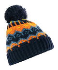Beanies: A knitted winter hat featuring a dark blue ribbed brim, blue bobble, and orange, yellow, and blue geometric patterns around the body.