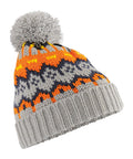 The Beanies is a knitted winter hat with a grey, orange, and navy zigzag pattern, a ribbed brim, and a large grey bobble on top.