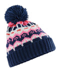 The Beanies knitted winter hat features a blue ribbed brim, pink, white, and blue patterned design, and a large blue pom-pom on top. It is displayed against a white background.