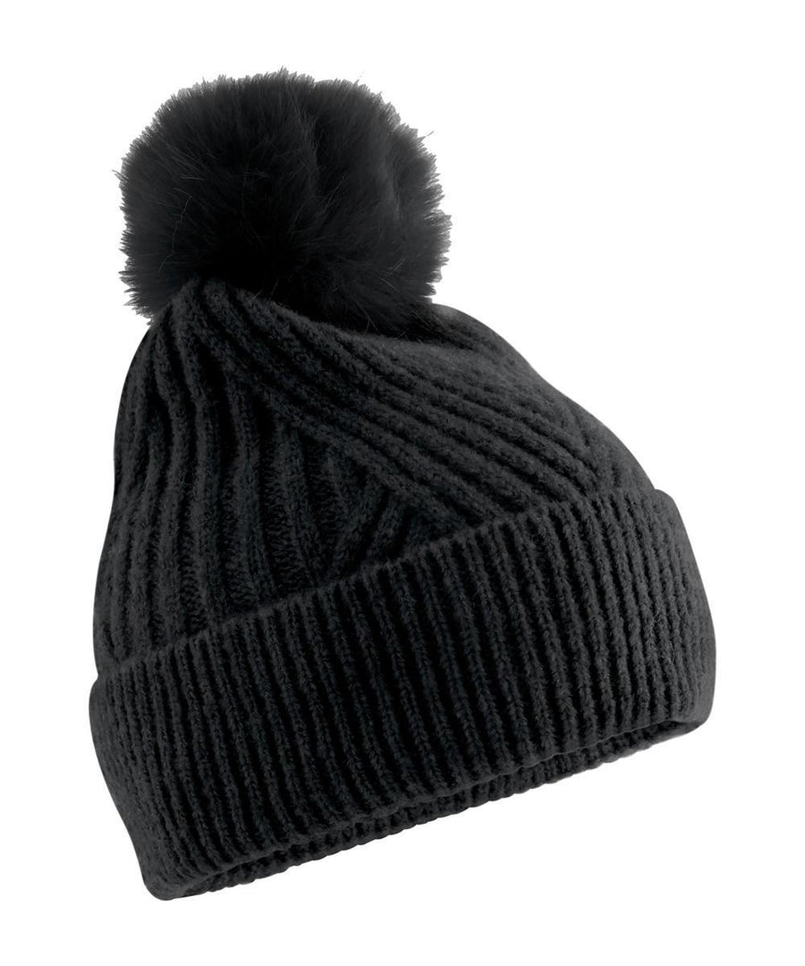 A black bobble hat with a knitted design, turned-up brim, and large pom-pom, shown on a white background.