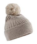 Beanies: A beige knitted beanie featuring a large bobble and a thick, folded ribbed brim, displayed on a white background.