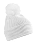 The Beanies product is a white knitted beanie with a ribbed turn-up brim and a large, fluffy bobble on top, displayed against a plain white background.