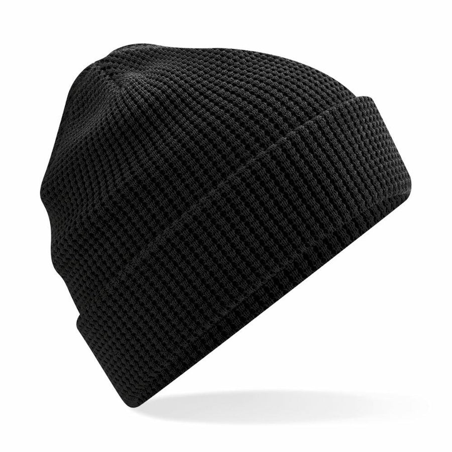 Beechfield BC52N knit beanie hat in black with a folded cuff, showcased against a white background.