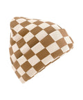 Beanies featuring a brown and beige chequerboard pattern are displayed against a plain white background.