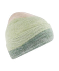 Beanies: Knitted beanie with a turned-up brim, featuring horizontal stripes in light pink, pale green, and muted green.