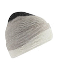 Beanies: Ribbed knit beanie with a folded brim, features a gradient design blending black, grey, and white from top to bottom, displayed on a white background.