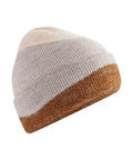 The Beanies feature a ribbed knit design with horizontal colour blocks in cream, light grey, and brown, displayed on a white background.