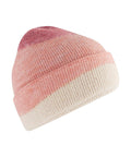 Beanies: A knitted hat with a folded brim, showcasing a gradient of cream, light pink, and dark pink.