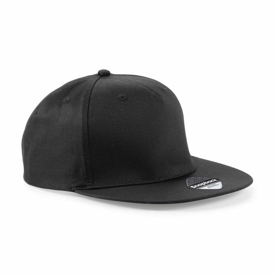 The Beechfield BC610, a black snapback cap featuring a flat brim, is displayed against a white background.