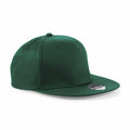 The Beechfield BC610 snapback cap is a plain dark green design featuring a flat brim and a sticker on the front of the brim.