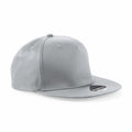 A gray snapback cap from Beechfield, product name BC610, features a flat brim and a subtle black and white label on the brim. The cap is plain, without any additional designs or logos, and is set at an angle.