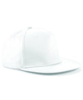 A plain white BC610 baseball cap from Beechfield, featuring a flat brim and displayed against a white background. The cap looks brand new, with no visible logos or designs.