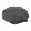 The product BC628 by Beechfield is a gray herringbone flat cap featuring a button top and a curved bill.