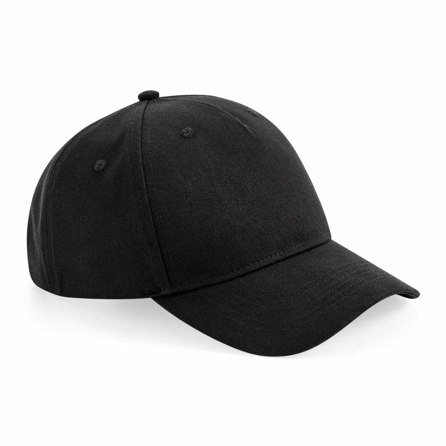 A Beechfield BC62N plain black baseball cap featuring a curved brim and a button top.
