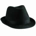 A Beechfield BC630 fedora hat featuring a black color, curved brim, and pinched crown.