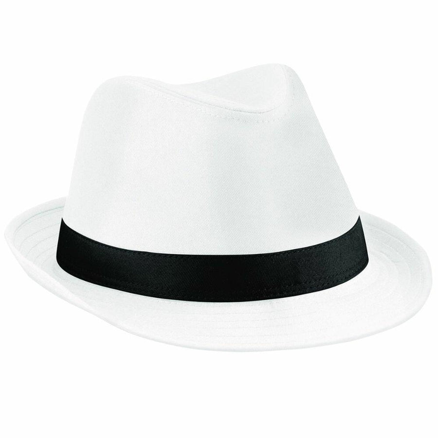A Beechfield BC630 white fedora hat featuring a black band around the crown.