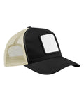 Caps: A black and beige trucker cap featuring a white mesh back and a blank white square patch on the front panel, pictured against a white background.