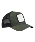 The Caps hat is green with a black mesh back, a solid front panel featuring a blank white rectangle patch, a curved brim, and visible panel stitching.