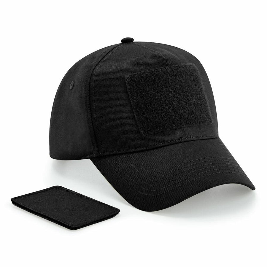 Beechfield BC638 black baseball cap featuring a rectangular velcro patch on the front, showcased alongside a removable patch.
