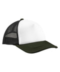 The Caps trucker hat features a white front panel, dark green peak, and black mesh back. It is displayed at an angle against a plain white background.