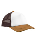 A Caps trucker hat with a white front panel, brown mesh back, and tan brim is displayed at an angle on a white background.