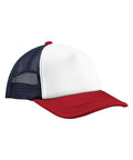 Caps featuring a white front panel, red peak, red top button, and blue mesh back.