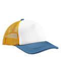 Caps with a white front panel, blue peak and top button, and yellow mesh back panels, displayed against a white background.