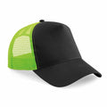 Introducing the Beechfield BC640: a stylish trucker cap featuring a solid black front panel and a curved brim. This cap is designed with neon green mesh at the back, offering both ventilation and a striking contrast.