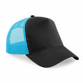 Introducing the BC640 by Beechfield: a stylish trucker cap featuring a black front panel and brim, complemented by a light blue mesh back. Photographed at an angle against a crisp white background, this cap combines versatility with modern design.