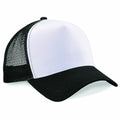The Beechfield BC640 is a trucker hat featuring a blank white front panel, black mesh sides and back, a black brim, and an adjustable snapback closure.