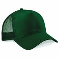 The Beechfield BC640 is a green mesh trucker cap featuring a curved brim and solid front panel.