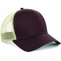 The Beechfield BC640 is a trucker hat featuring a dark maroon and beige color scheme, solid front panel, and mesh back, shown against a white backdrop.