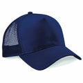 The Beechfield BC640 is a navy blue trucker hat designed with a solid front panel and a breathable mesh back. It features a slightly darker curved bill and comes with a convenient snapback closure.