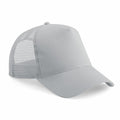 The Beechfield BC640 is a light gray trucker hat featuring a mesh back panel and a solid fabric front. It includes a curved brim and a button on top, with the mesh design providing ventilation that makes it ideal for casual wear.