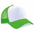 A Beechfield BC640 trucker cap featuring a green mesh back and brim. The front panel is white and smooth, providing a contrast to the textured mesh. The brim is curved, maintaining a classic cap shape.