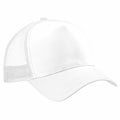 A plain white trucker cap from Beechfield, model BC640, showcasing a solid front panel with a mesh back. The cap includes an adjustable strap at the back, angled to highlight its shape and design.