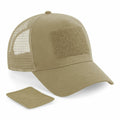 The Beechfield BC641 khaki mesh cap features a Velcro patch on the front, with an extra patch displayed separately.