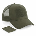 The Beechfield BC641 is an olive green baseball cap featuring a mesh back and a front hook-and-loop patch. It comes with an additional square patch that highlights its detachable feature.