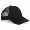 The Beechfield BC642 black mesh back trucker cap, featuring a curved brim and structured crown, is displayed against a white background.
