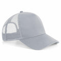 Introducing the Beechfield BC642: a stylish light gray mesh baseball cap featuring a curved bill and an adjustable back.