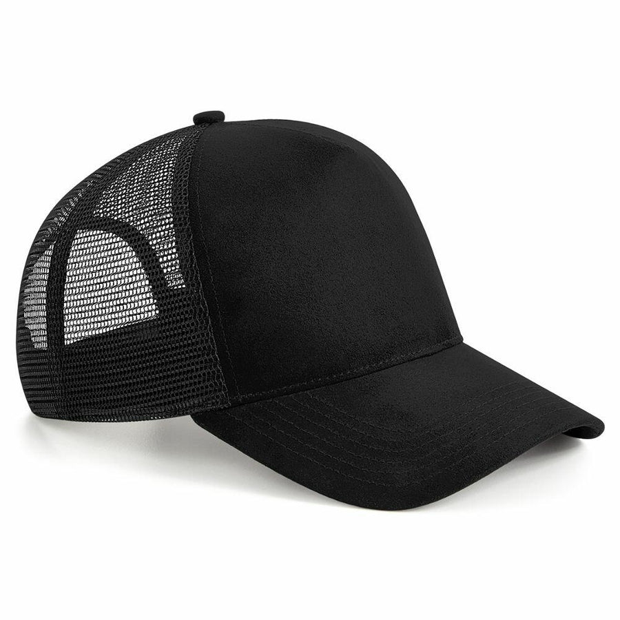 The Beechfield BC643, a black trucker hat featuring a mesh back and solid front panel, is displayed against a plain background.