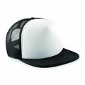 The Beechfield BC645 is a black and white mesh trucker cap featuring a curved bill and reinforced front panel.