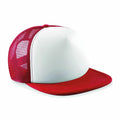 Introducing the Beechfield BC645, a striking trucker hat featuring a vibrant red mesh back and a sleek solid white front panel.