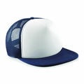 The BC645 trucker hat by Beechfield features a blue and white design with a mesh back and a flat brim.
