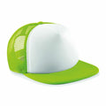The Beechfield BC645 trucker cap features a solid front panel in white and bright green, complemented by a mesh back for breathability.
