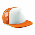 The BC645 by Beechfield is an orange and white mesh trucker cap featuring a solid front panel and an adjustable back.