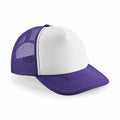 A Beechfield BC645 trucker cap with a purple brim and mesh back, along with a solid white front panel, is angled to the right against a plain white backdrop.
