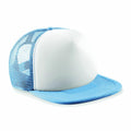 The BC645 from Beechfield is a trucker hat featuring a structured front panel and a curved brim in blue and white mesh.