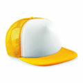 The BC645 by Beechfield is a trucker hat featuring a solid white front panel and a yellow mesh back, with the brim and top button also in yellow.