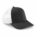 The BC646 by Beechfield is a black and white trucker hat featuring a curved brim and a mesh back.